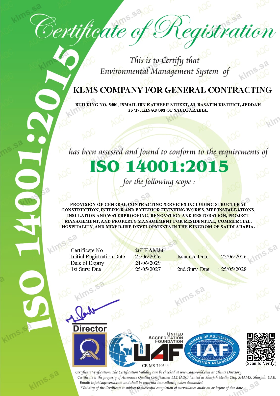 ISO 14001:2015 Environmental Management certificate for KLMS General Contracting