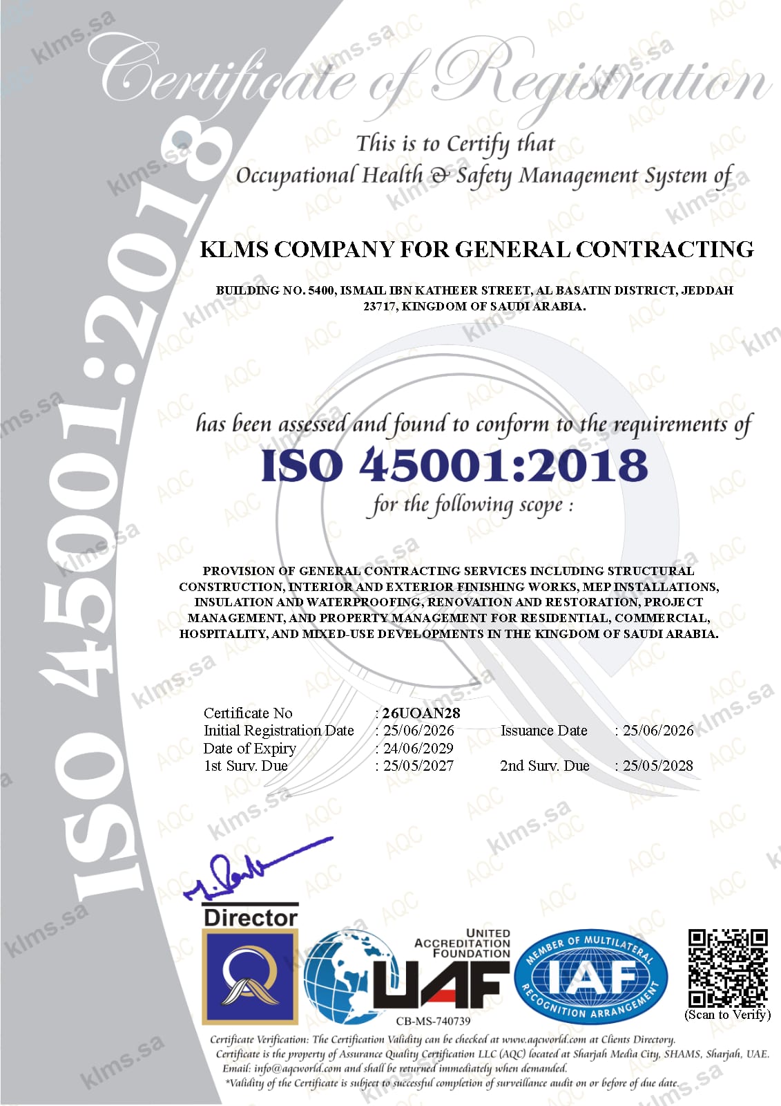 ISO 45001:2018 Occupational Health and Safety certificate for KLMS General Contracting