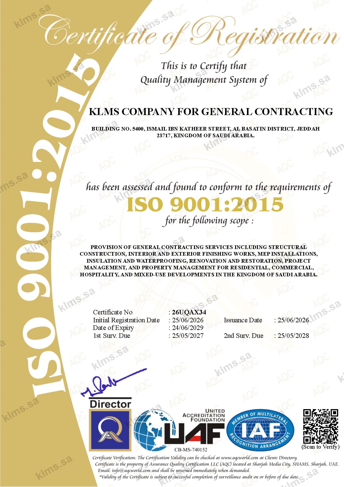 ISO 9001:2015 Quality Management certificate for KLMS General Contracting